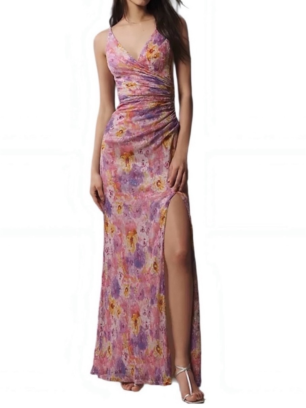 Dress the Population Pink Floral V-Neck Ruched Maxi Dress with High Slit